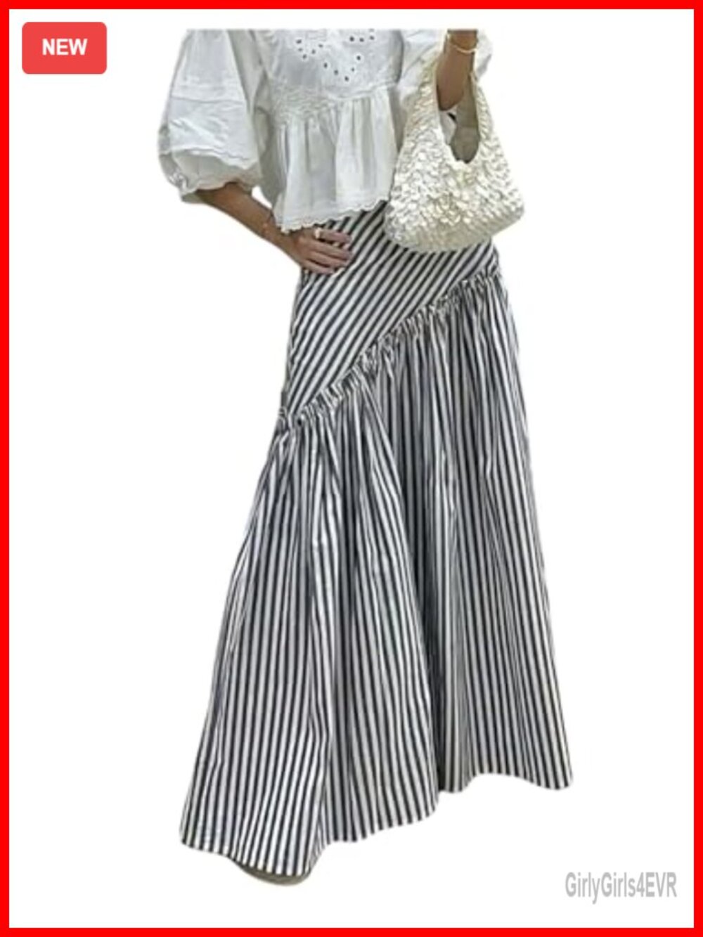 Striped Ruffle Maxi Skirt Low Rise Pleated A Line